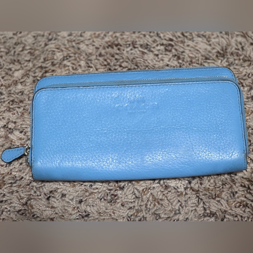 Coach Double Zip Phone Wallet In Light Blue